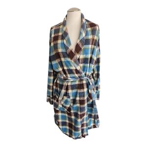 VTG Prescott Tailored Robe L Blue Brown Plaid Wrap Belted Fleece Lounge